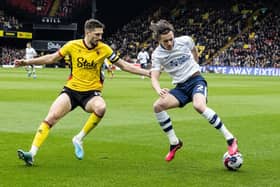 Preston North End's Alvaro Fernandez competing with Watford's Craig Cathcart