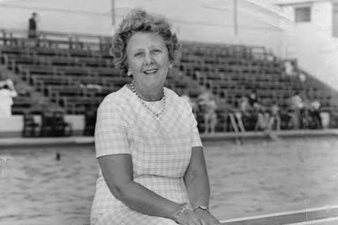 Dorothy Fisher, one of the co-founders of the Miss Great Britain bathing beauty competition, in Morecambe's Super Swimming Stadium.