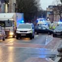 Emergency services at the scene of a collision in Lancaster city centre.