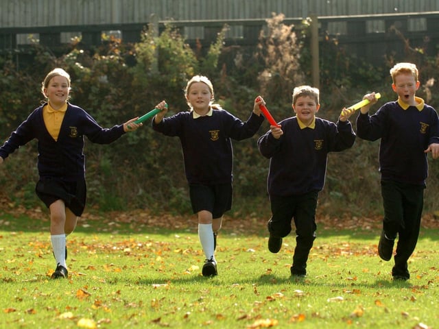 Jessica Gillibrand, Leanne Richardson, Anthony Cavies and Sebastian Gibbons at Fulwood and Cadley School take part in a Get Active campaign in 2005