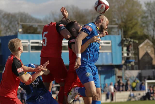 Action from Brig's 1-0 win over Lancaster City on Easter Monday (photo:Phil Dawson)