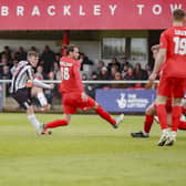 Jack Hazlehurst has a shot at goal against Brackley Town (photos: David Airey/dia_images)