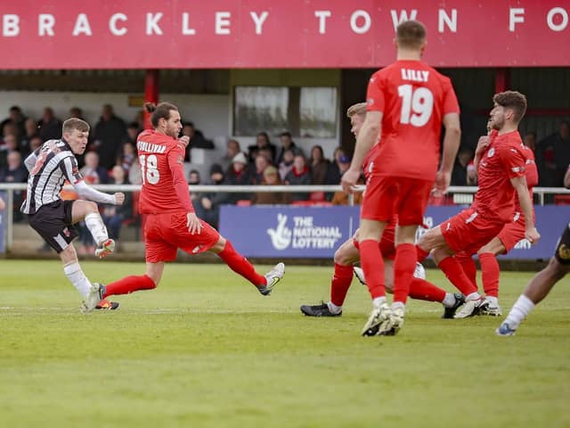 Jack Hazlehurst has a shot at goal against Brackley Town (photos: David Airey/dia_images)