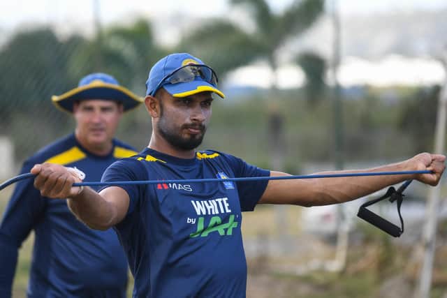 Roshen Silva of Sri Lanka takes part in a training session one day ahead of the 1st Test between West Indies and Sri Lanka at Vivian Richards Cricket Stadium, North Sound, Antigua, on March 20, 2021. (Photo by Randy Brooks / AFP) (Photo by RANDY BROOKS/AFP via Getty Images)