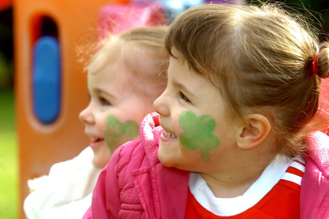 At Busy Bees Nursery, Ashton House, Preston, Madison Carter, three (front), and Makeena Westby, three, celebrate St Patrick's Day with shamrocks painted on their faces