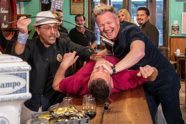 Gordon Ramsay, Gino d'Acampo and Fred Sirieix returned for more banter-fuelled hijinks as they went on a tour of Spain in Gordon, Gino and Fred: Viva Espana (Picture: ITV/Studio Ramsay)