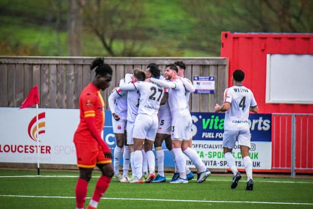 Celebrations after Mo Faal's second goal. Photo: Steve McLellan