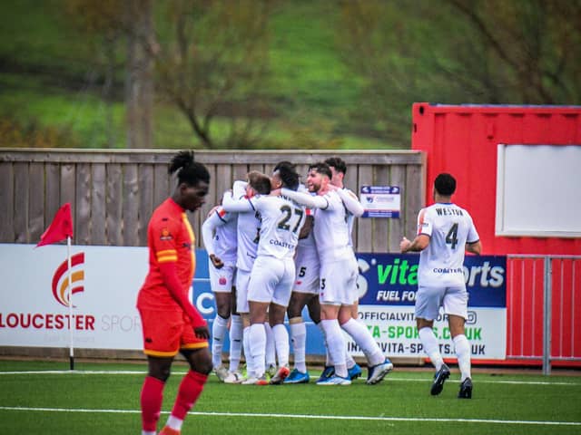 Celebrations after Mo Faal's second goal. Photo: Steve McLellan