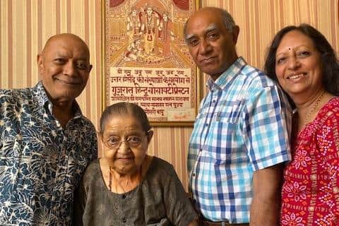 Jamnaben pictured with sons Manhar Tailor (first left) and Ishwer Tailor and his wife Urmila Tailor