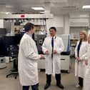 Professor Anthony Green (left), Alan Mak MP (centre, left), Professor Aline Miller (centre, right) and Dr Rosalind Le Feuvre (right) in one of the laboratories inside the Manchester Institute of Biotechnology