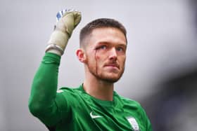 Preston North End's Freddie Woodman with his wound in their home game against Cardiff City