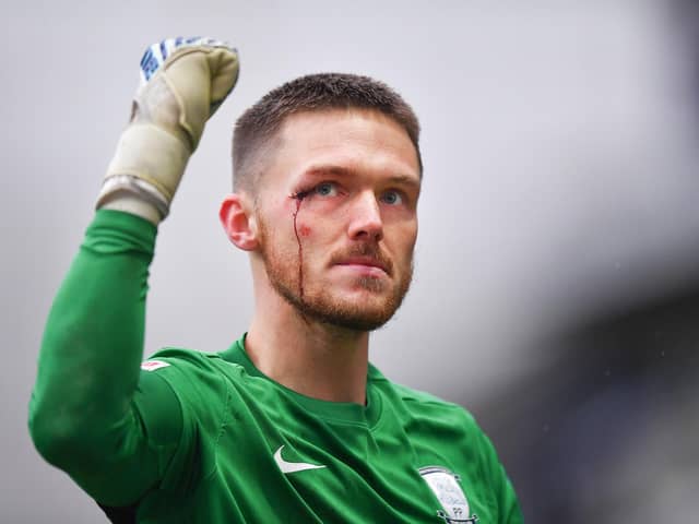 Preston North End's Freddie Woodman with his wound in their home game against Cardiff City