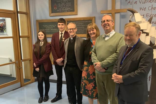 Rev Reverend Coles with Rev Michael Print, Mrs Jenks (Headteacher), Mr Metcalfe (Chair of Governors) and Headboy and Headgirl