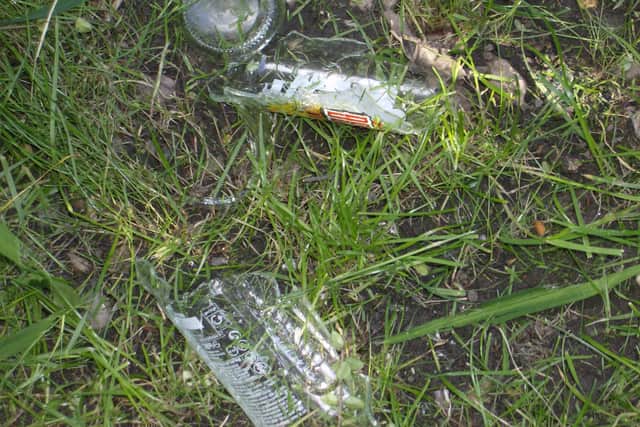 Broken glass in the glass that Leyland residents claim maintenance workers at Robin Hey estate are mowing over and leaving