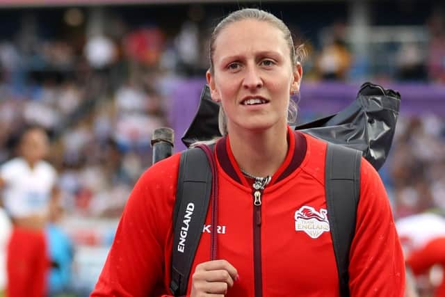 Holly Bradshaw of Team England looks on after withdrawing from the Women's Pole Vault Final on day five of the Birmingham 2022 Commonwealth Games at Alexander Stadium on August 02, 2022 in the Birmingham, England. (Photo by Michael Steele/Getty Images)