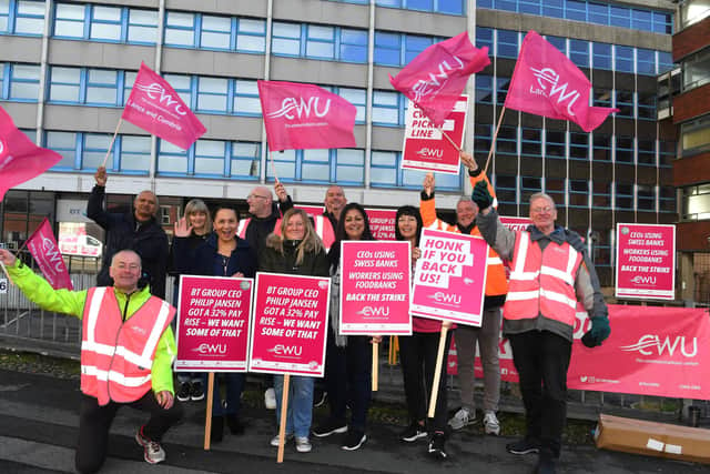 CWU workers on strike outside BT, Moor Lane, Preston