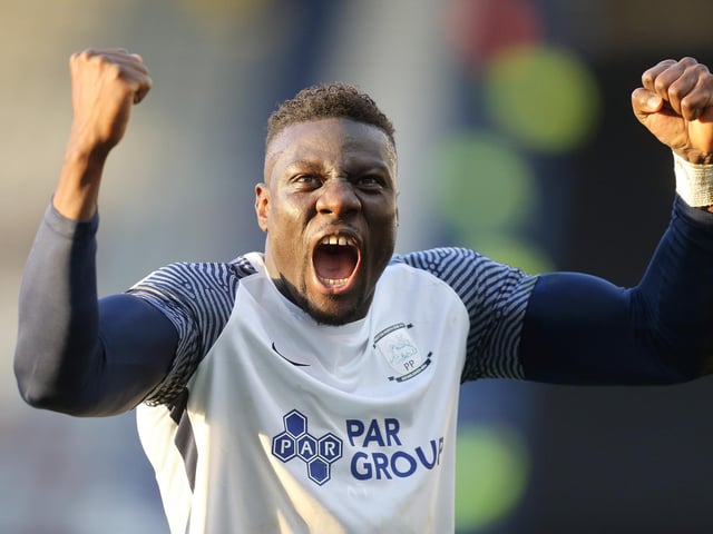 Bambo Diaby celebrates in front of the fans at the final whistle after North End beat Bournemouth at Deepdale