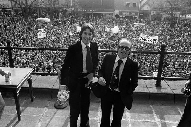 Manager Nobby Stiles and player Mike Elwiss on Harris Museum balcony at the civic reception given to Preston North End in recognition of their promotion in 1978