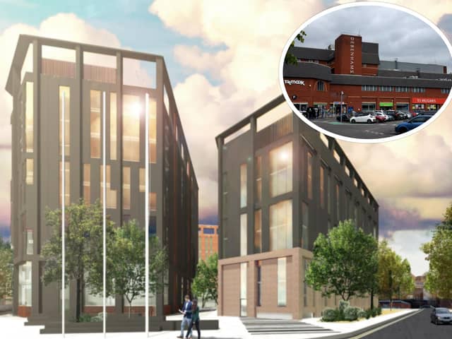 Indicative illustrations of the first two buildings proposed to be built on the Fishergate Shopping Centre's car park (main image: BDP)