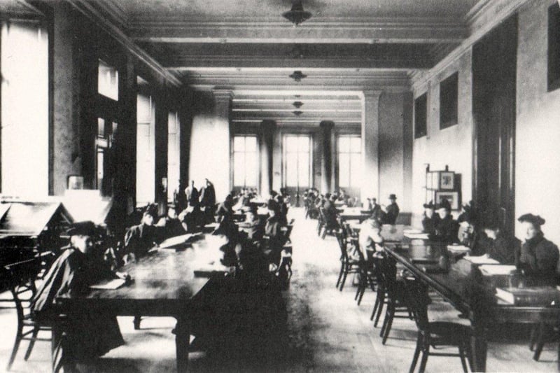 The Reading Room, Harris Public Library, Preston (c.1895) Shown is the the women's section of the reading room. This was segregated from the men's section seen in the distance.