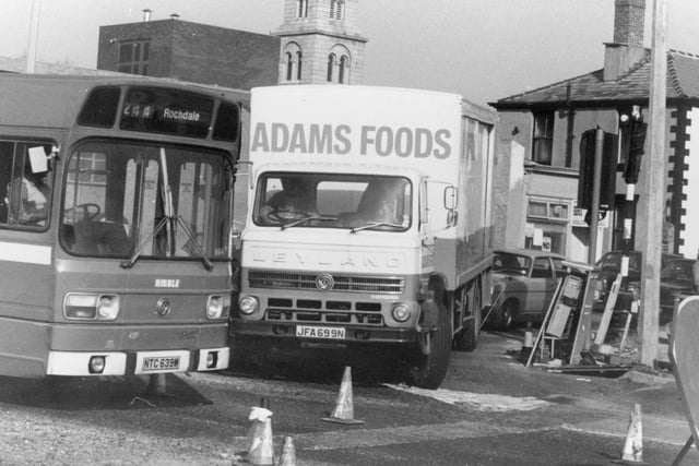 More traffic at the junction of New Hall Lane and London Road, this time with added roadworks. And this lorry driver negotiates the bend, nearly clashing with a bus heading down London Road