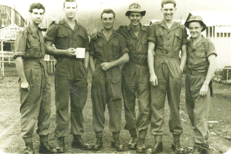 This picture was sent in Mr John Grime from Fulwood, Preston. Photo shows six soldiers having a rest from a patrol in South Cameroon, West Africa in 1960.I am having a pint cup of tea l/c Harry Wilkinson, second on right and Don Wylie on my left from Fleetwood. I am now living at cabus, near Garstang enjoying my retirement.
