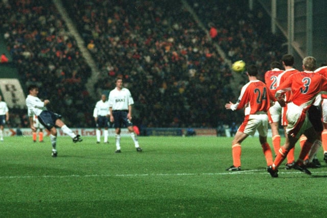 David Eyres scores a beauty of a free-kick in PNE's 3-0 win over Blackpool in December 1999
