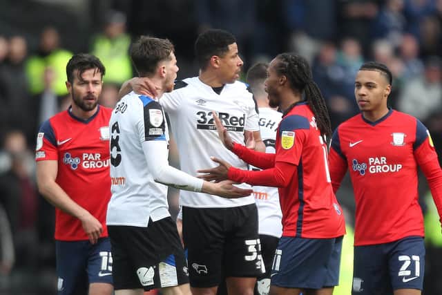 Things get heated in the aftermath of Derby's Max Bird being sent-off for a foul on Preston North End midfielder Ben Whiteman