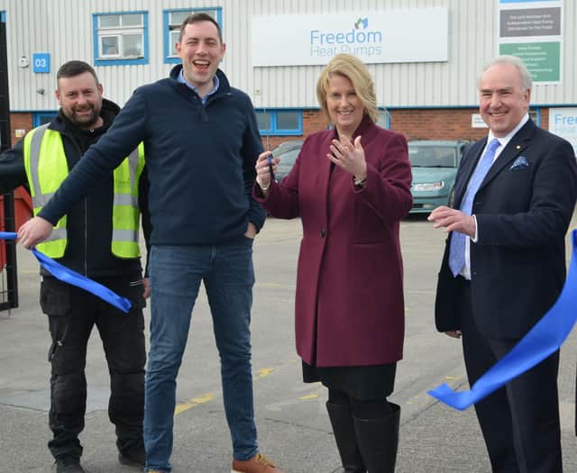 South Ribble MP Katherine Fletcher opens Freedom Heat Pumps' new premises in Bamber Bridge. Pictured are: Logistics Manager, Wes Murray, Managing Director Chris Higgs, Katherine Fletcher MP, Bean Beanland, Chairman of the Heat Pump Federation.