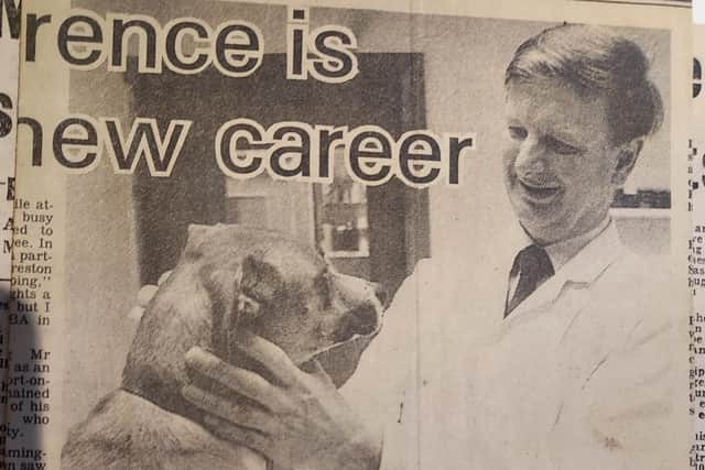A newspaper cutting from 1985 when Terry sold Withy Grove Vets to become a barrister