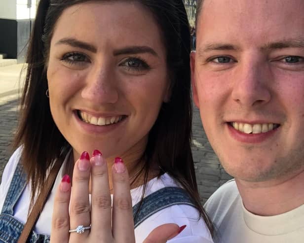 Jamie McGowan with his fiancee Bailey Webster after he staged a romantic proposal in the observatory tower at Lincoln Castle