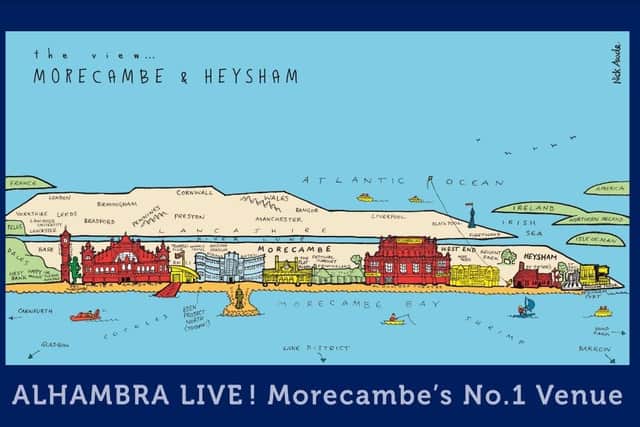 The Alhambra in Morecambe is selling a postcard designed by one of its directors celebrating the cultural heritage of Morecambe and Heysham.