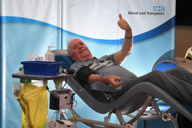 Photo Neil Cross; Oldest blood donor Derek Rogerson makes 192nd donation
