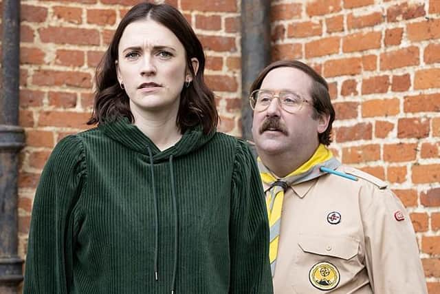 Alison (Charlotte Ritchie) and Pat (Jim Howick) in the supernatural sitcom Ghosts (Picture: BBC/Monumental/Guido Mandozzi)
