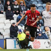 Preston North End striker Emil Riis takes on Bournemouth's Ethan Laird