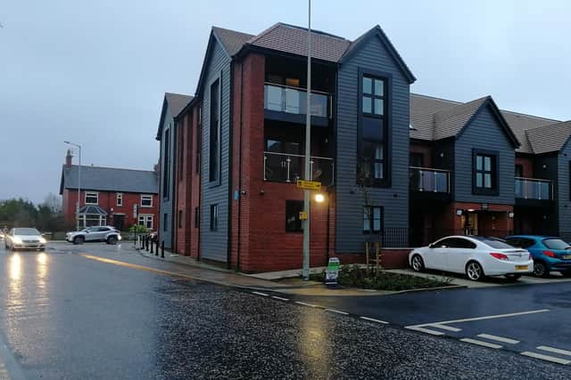 The vehicular entrance to Broughton's new over-60s accommodation lies close to the village crossroads