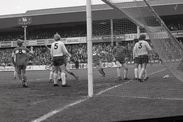 Preston North End concede a goal against Middlesbrough at Deepdale in April 1974
