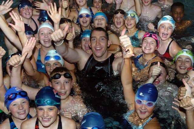 Olympic butterfly medallist Steve Parry joins members of Preston Swimming Club in the water at West View Leisure Centre