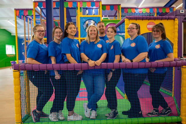 General manager Debra Zajac with members of the Old Cobblers team in the newly reopened Wacky Warehouse soft play area