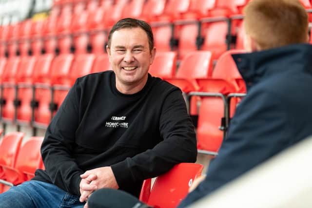 Derek Adams met the media in midweek after completing his return as Morecambe manager (photo: Kelvin Lister-Stuttard)