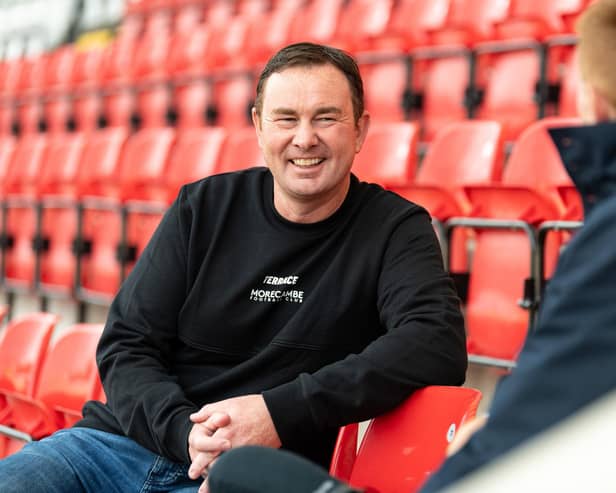 Derek Adams met the media in midweek after completing his return as Morecambe manager (photo: Kelvin Lister-Stuttard)