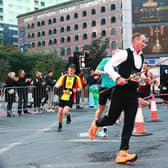 Production engineer Nick Owen hopes to have set a new world record… as the fastest man to run the Manchester half marathon dressed as a snooker player!