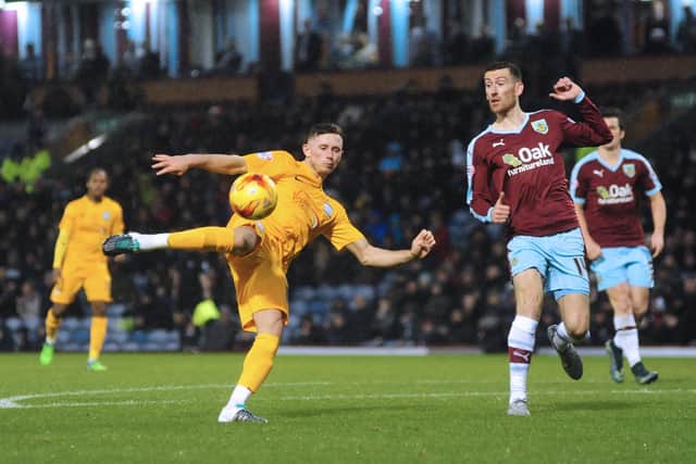 Preston North End midfielder Alan Browne has a shot in the derby clash with Burnley at Turf Moor in December 2015