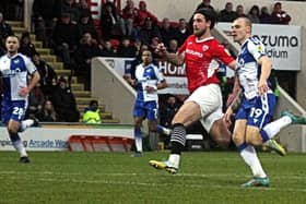 Cole Stockton scores Morecambe's fourth goal against Bristol Rovers Picture: Michael Williamson