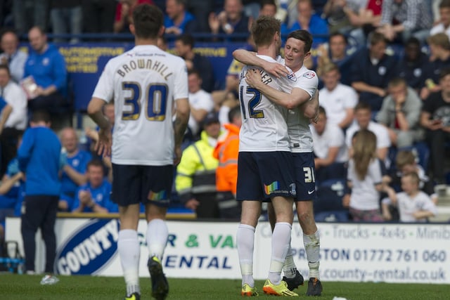 Preston North End's Paul Gallagher celebrates scoring the third goal of his hat-trick and his teams fifth goal with team-mate Alan Browne.