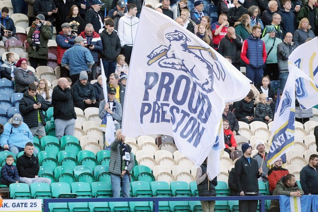Preston North End fans wave banners and flags as they welcome their side onto the pitch ahead of kick-off
