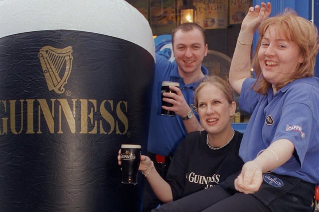 David Wills, Sally Hicks and Kerri Spence from O'Neills, Friargate, Preston, ready for St. Patrick's Day in 2000