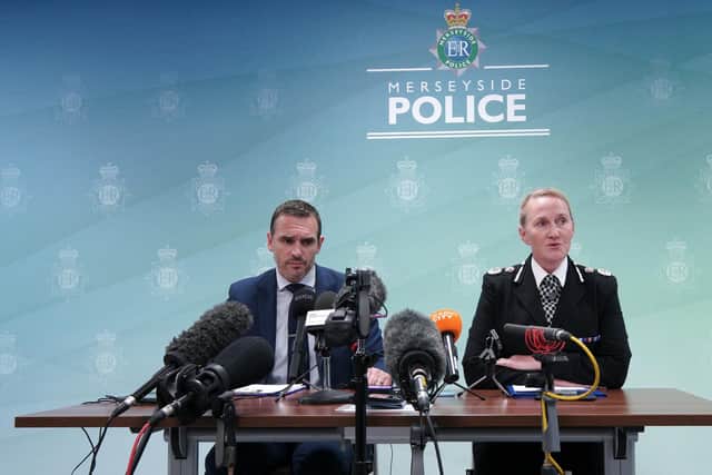 DCS Mark Kameen and Chief Constable Serena Kennedy from Merseyside Police speak to the media at force headquarters in Rose Hill after a nine-year-old girl was fatally shot in Knotty Ash, Liverpool yesterday.
