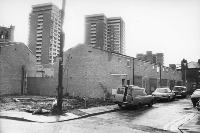 Avenham flats towering over surrounding streets in Preston. This image is dated 1981