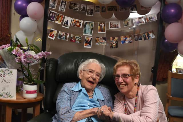 Photo Neil Cross; Brambles Resident May Lister turns 102, with her daughter Pauline